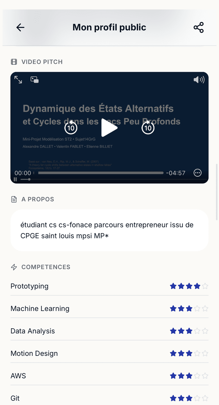 Profil candidat Themis : à propos et compétences notées