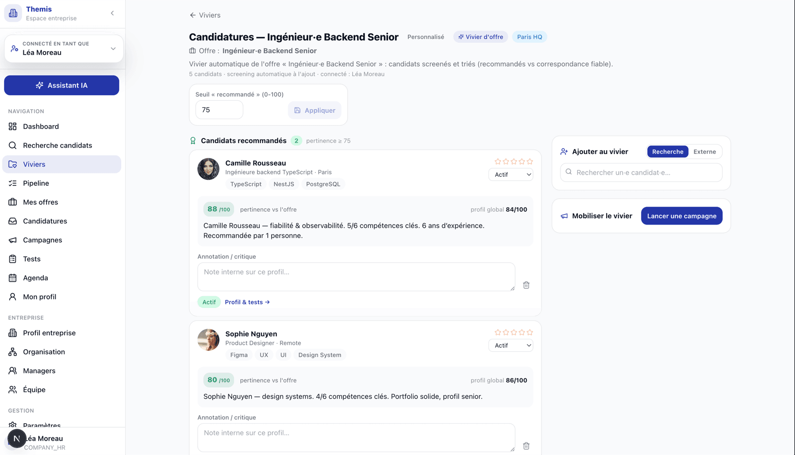 Vivier de candidats avec scoring automatique dans Themis